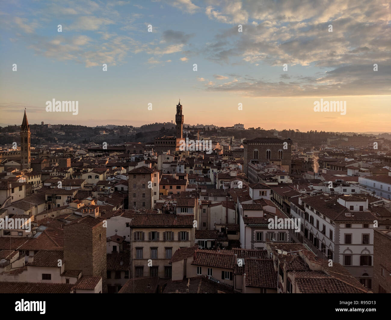 Florence sunset city skyline and Palazzo Vecchio, Florence, Italy Stock Photo