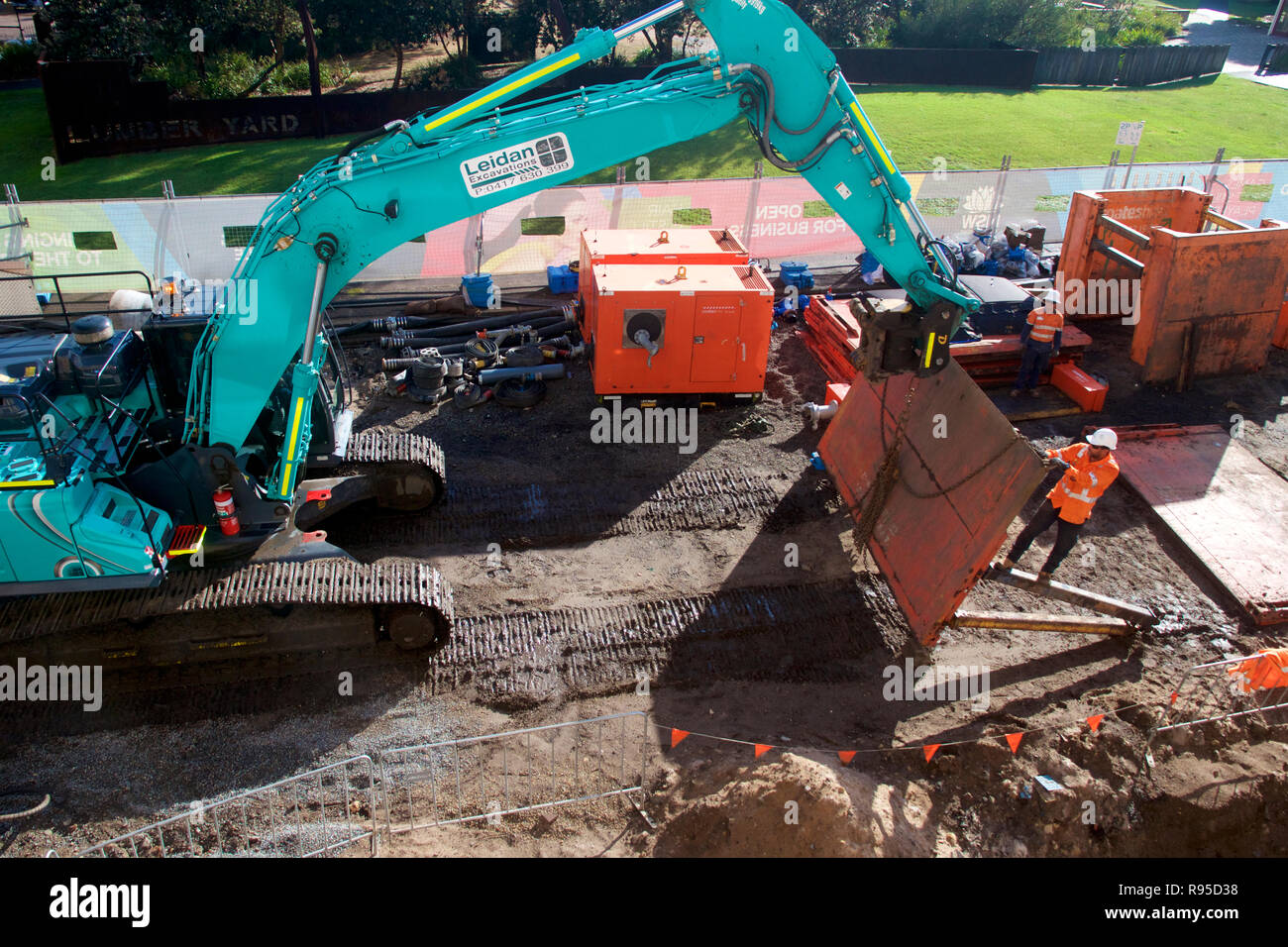 Excavating in preparation for building the light rail (tram) network in Newcastle, NSW, Australia. Stock Photo