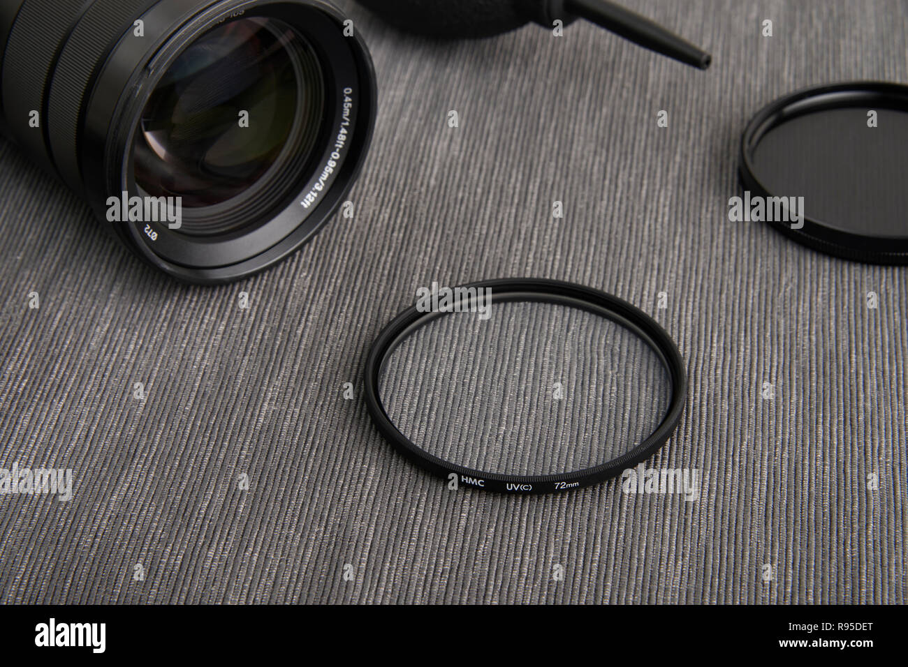 close up of ultraviolet protect Lens filter and camera lens Stock Photo