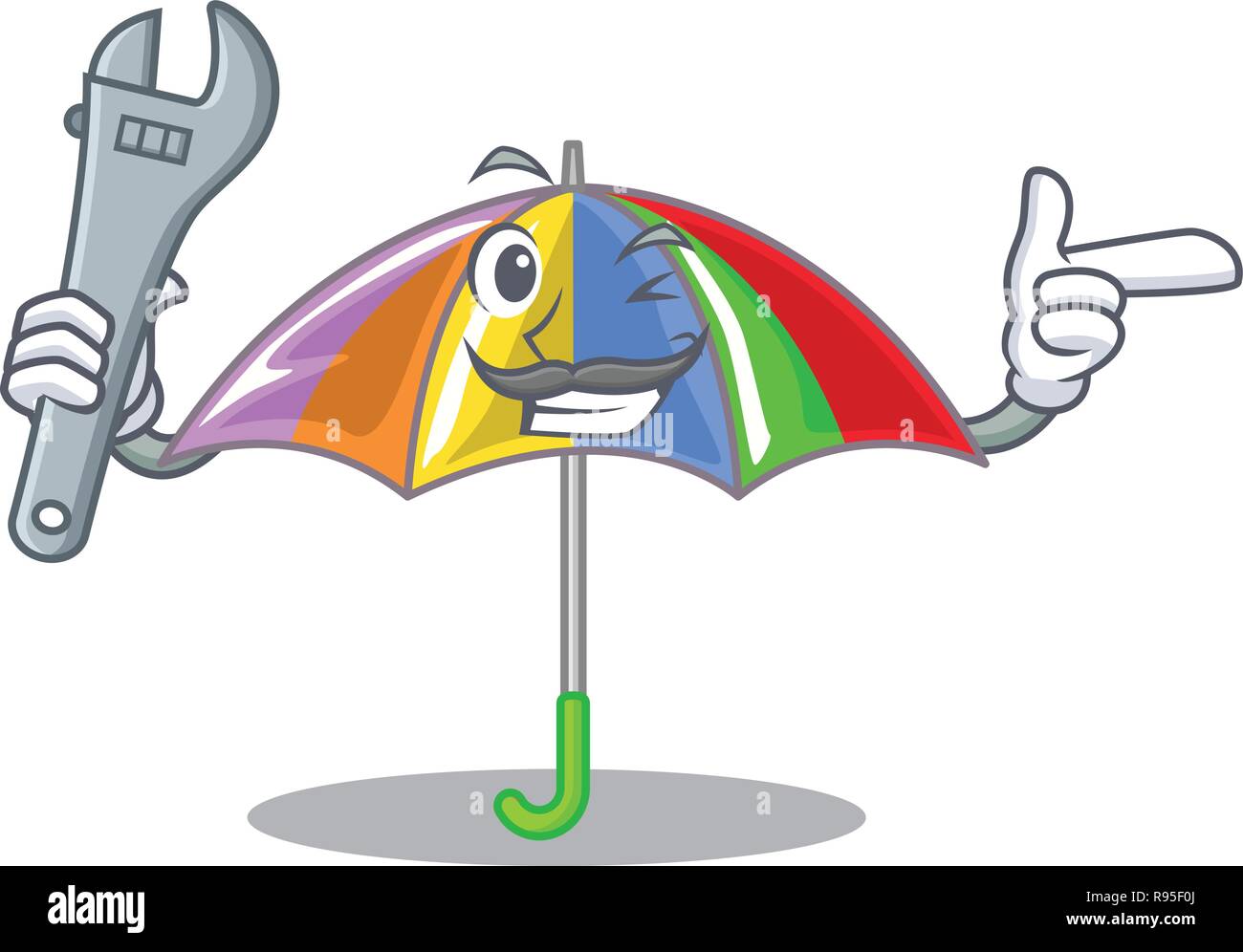 Mechanic playing rain with umbrella rainbow cartoon Stock Vector Image