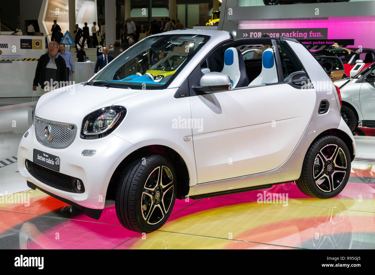 FRANKFURT, GERMANY - SEP 16, 2015: Smart Fortwo Cabrio city car showcased at the Frankfurt IAA Motor Show. Stock Photo