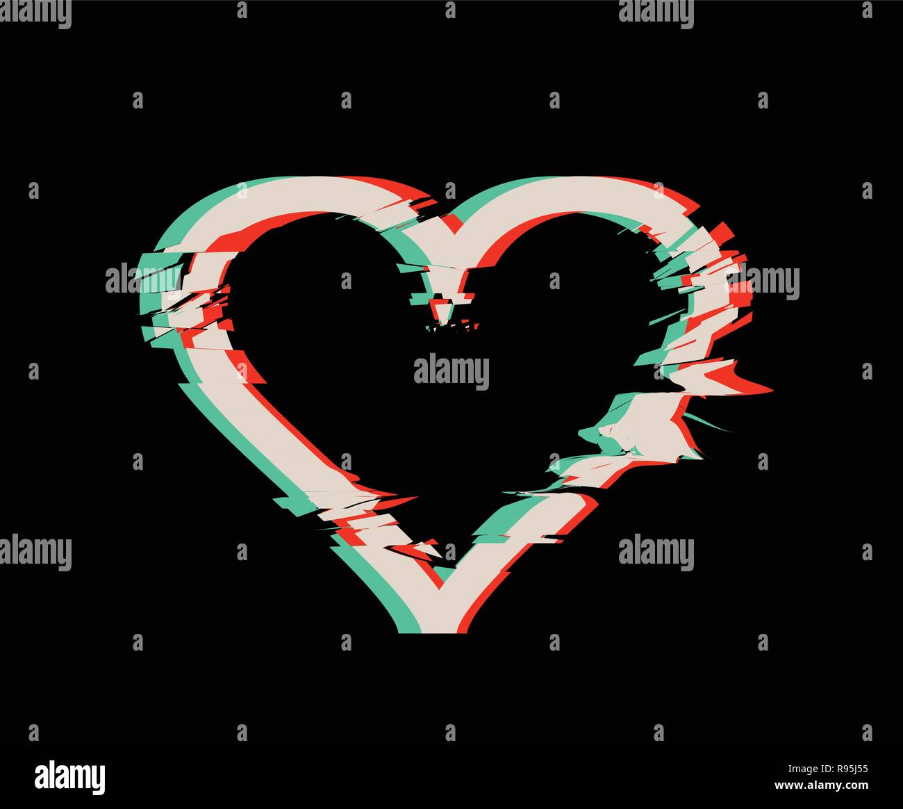 Glitch distortion frame. Vector heart illustration on black Stock Vector