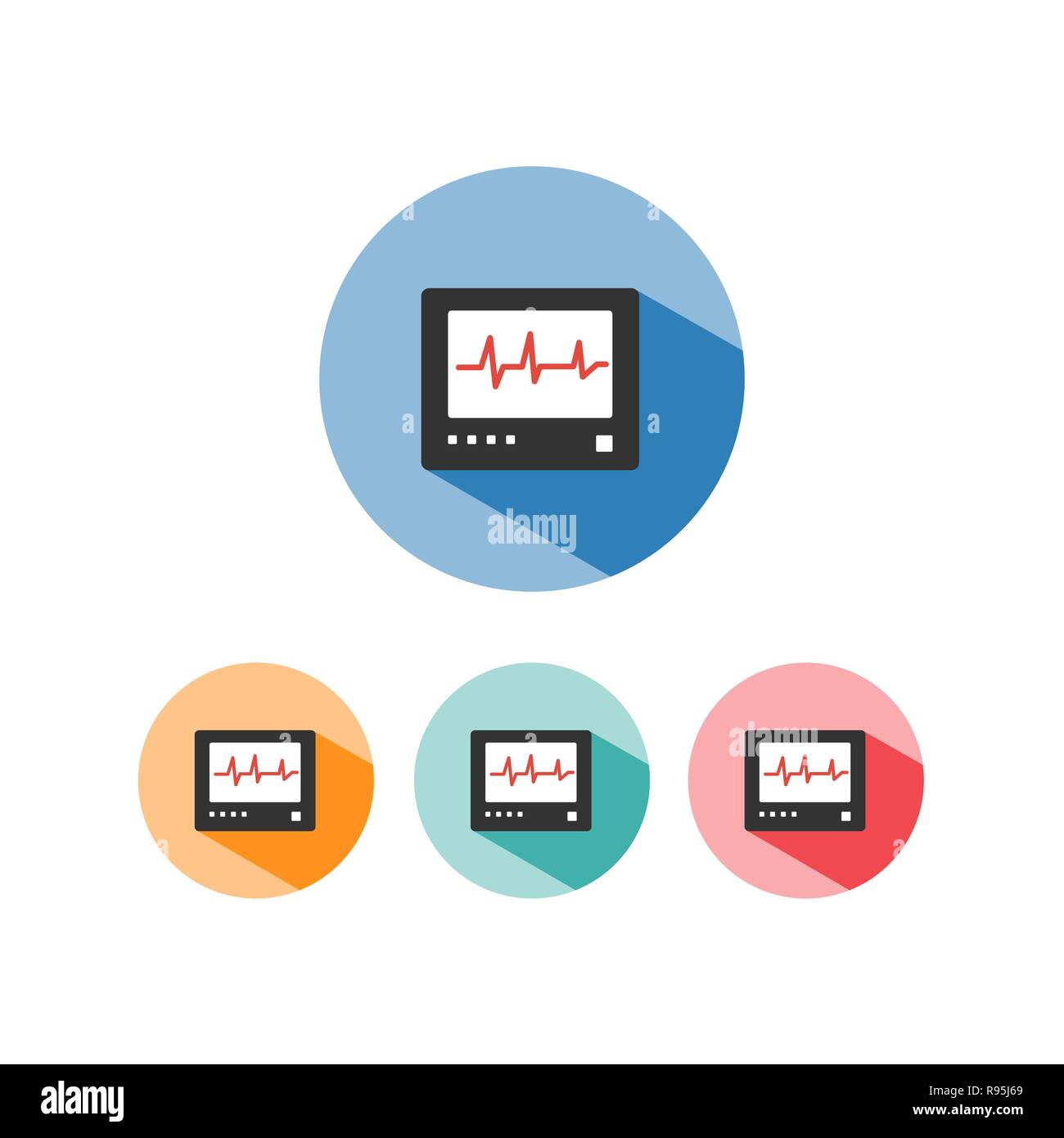 Heart rate monitor color icon with shadow on colored circles. Heartbeat
