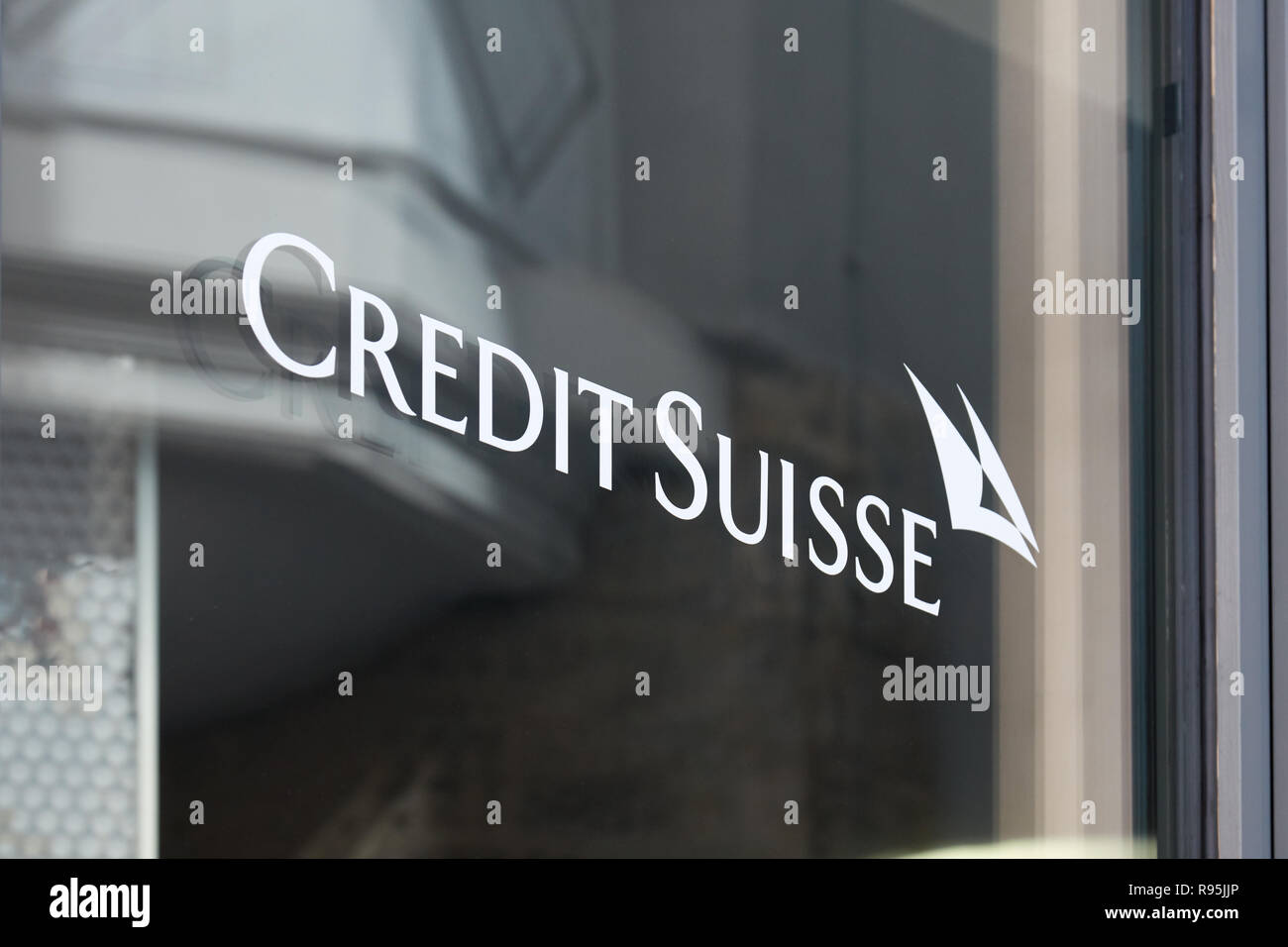 SANKT MORITZ, SWITZERLAND - AUGUST 16, 2018: Credit Suisse, swiss bank sign on window in Sankt Moritz, Switzerland Stock Photo