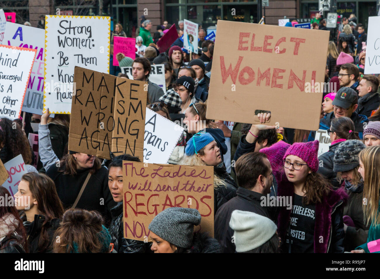 2018 Woman's March participants on Michigan Avenue in Chicago. Stock Photo