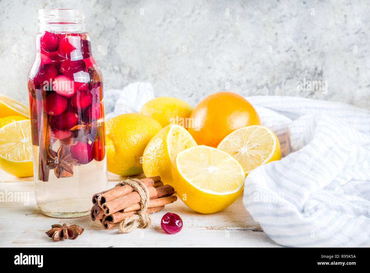 Set Of Various Fall And Winter Refreshing Infused Water Sweet Sour Healthy Beverages With Oranges Honey Cranberry Mint Rosemary Cinnamon And Spi Stock Photo Alamy