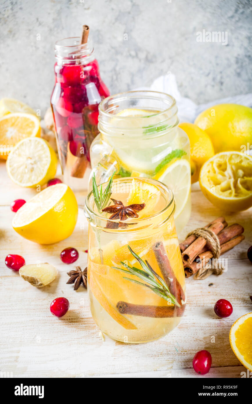 Set Of Various Fall And Winter Refreshing Infused Water Sweet Sour Healthy Beverages With Oranges Honey Cranberry Mint Rosemary Cinnamon And Spi Stock Photo Alamy