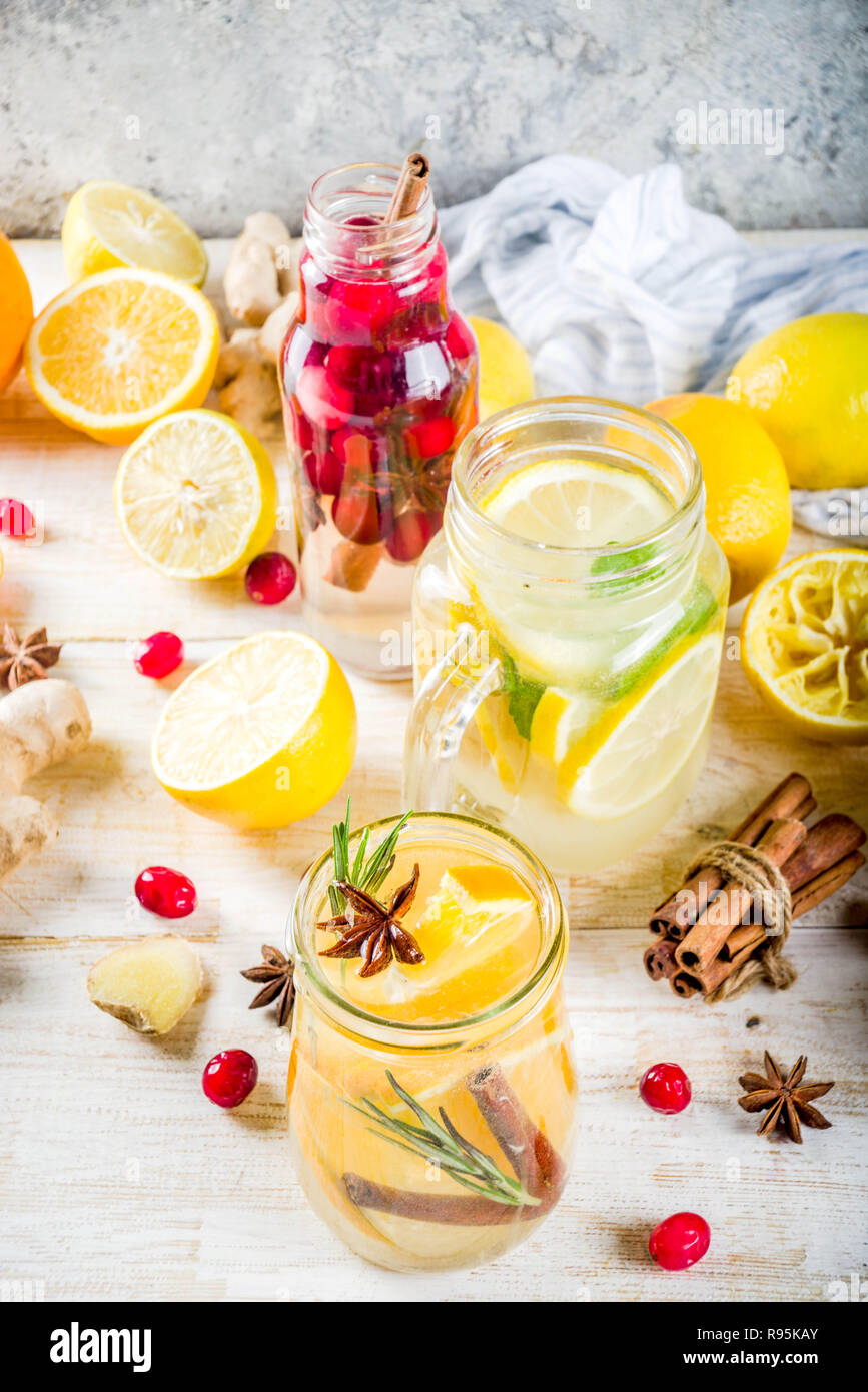 Set Of Various Fall And Winter Refreshing Infused Water Sweet Sour Healthy Beverages With Oranges Honey Cranberry Mint Rosemary Cinnamon And Spi Stock Photo Alamy