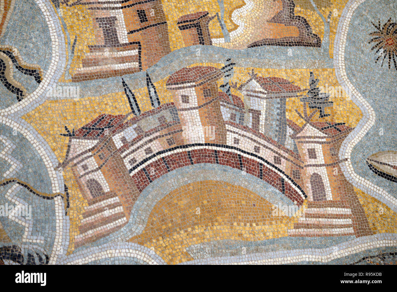 Roman Floor Mosaic (c3rd-c4th) of Paphos and Map or Plan of Cyprus from the Ancient Roman City of Ammaedara Haidra Tunisia Stock Photo