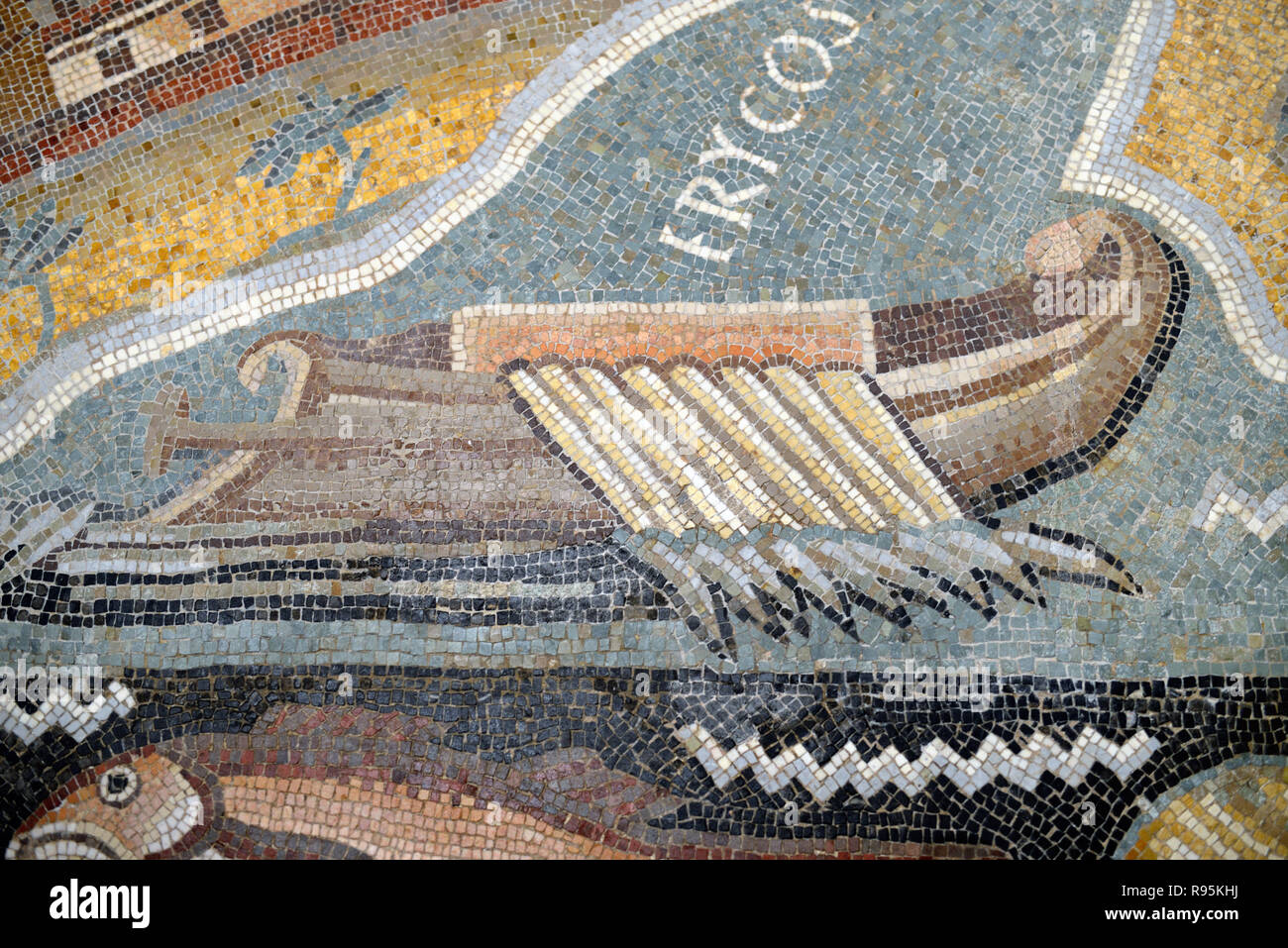 Roman Floor Mosaic (c3rd-c4th) of Roman Galley, Rowing Boat or Wooden Boat off Erice, Sicily, from Ancient Roman City of Ammaedara Haidra Tunisia Stock Photo