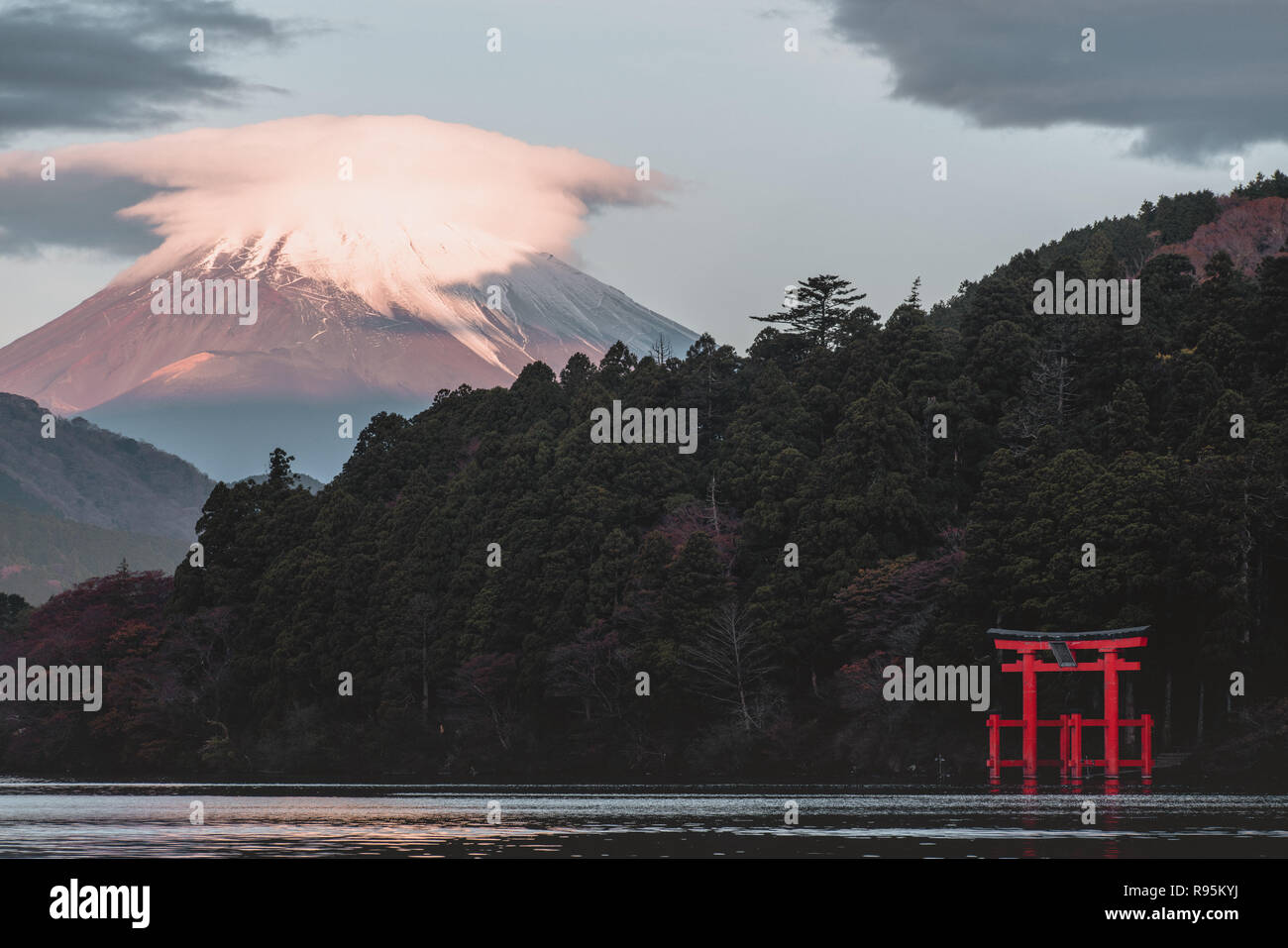 Mountain Fuji and Lake Ashi with Hakone temple and sightseeing boat in autumn Stock Photo