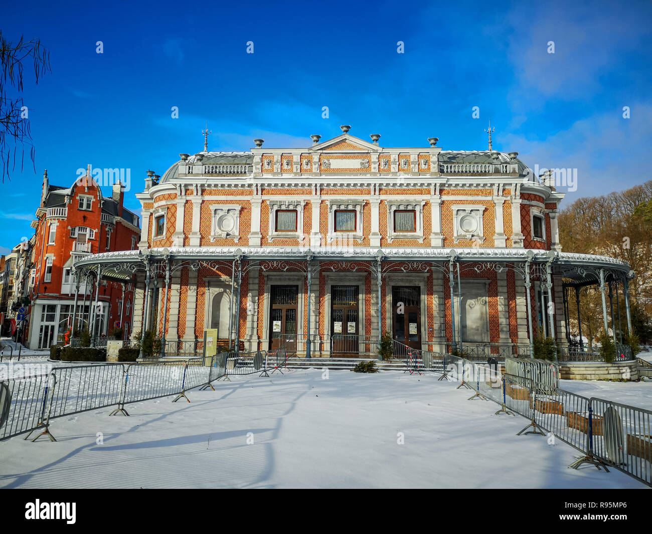 Historical pavilion Des Petits Jeux in the city center of Spa, Belgium. The pavilion is part of the Gallery Leopold II and the parc de Sept Heures. Stock Photo