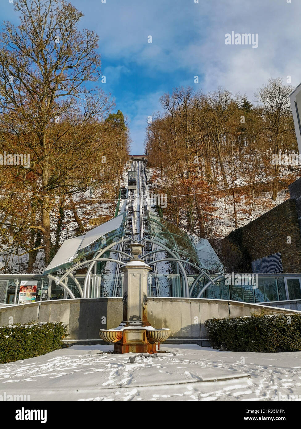 Cable car from the city center of Spa ( Belgium) to the main minerals baths of Thermes de Spa. Spa is famous for its numerous mineral springs. Stock Photo