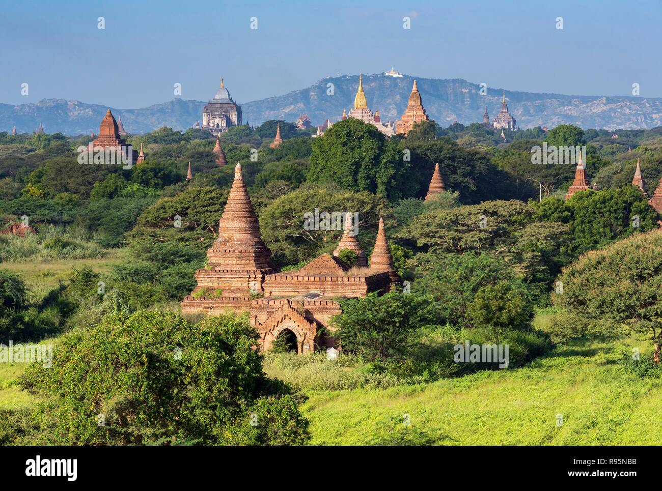 View of temples of Bagan from Bulethi Pagoda, Myanmar, Burma Stock Photo