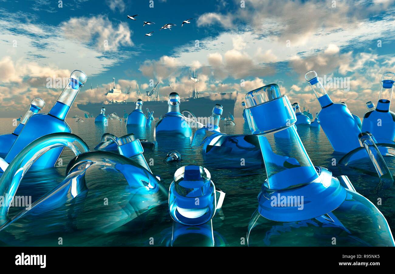 Plastic Objects Dumped Into The Earths Seas & Oceans On A Global Scale. Stock Photo
