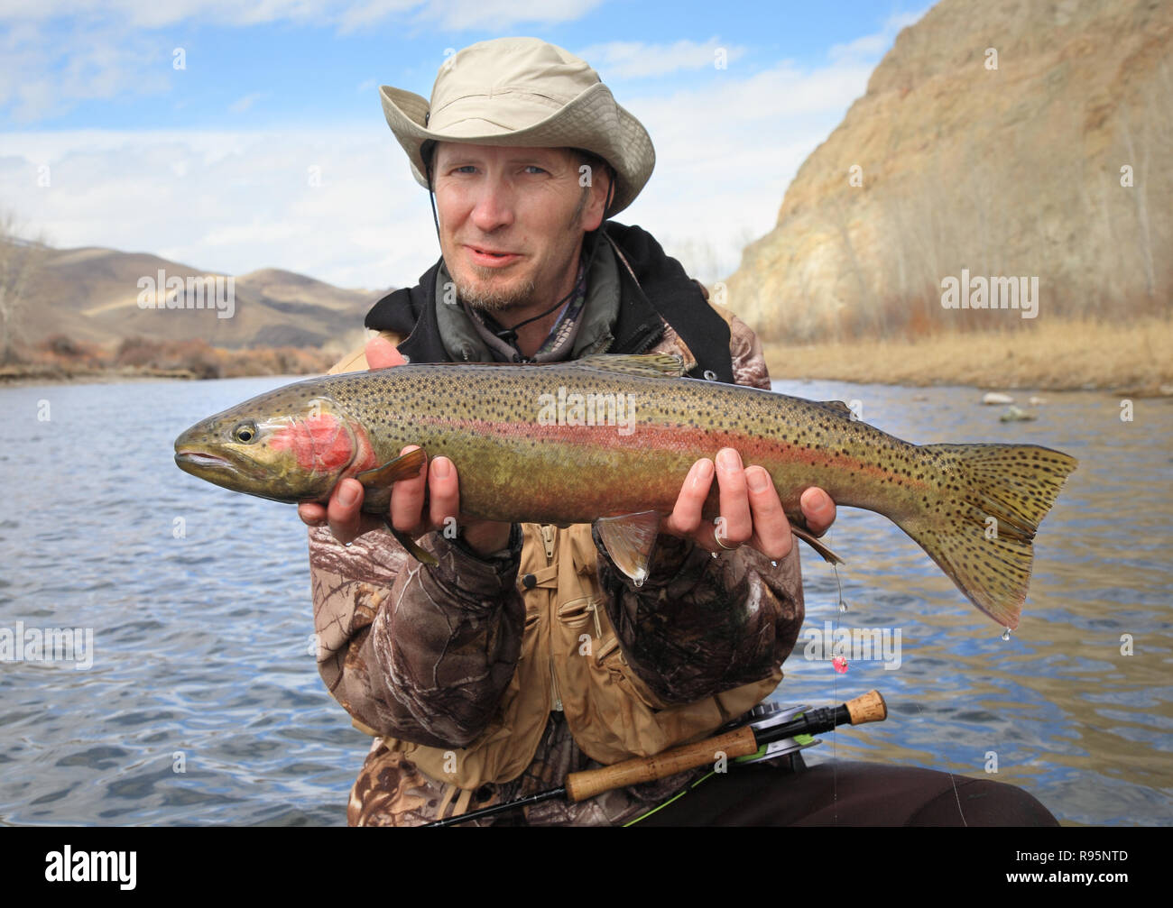 Happy fly fisherman holding large steelhead trout Stock Photo