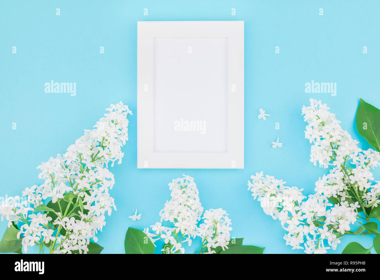 Creative flat lay concept top view of blank postcard frame mock up and ...