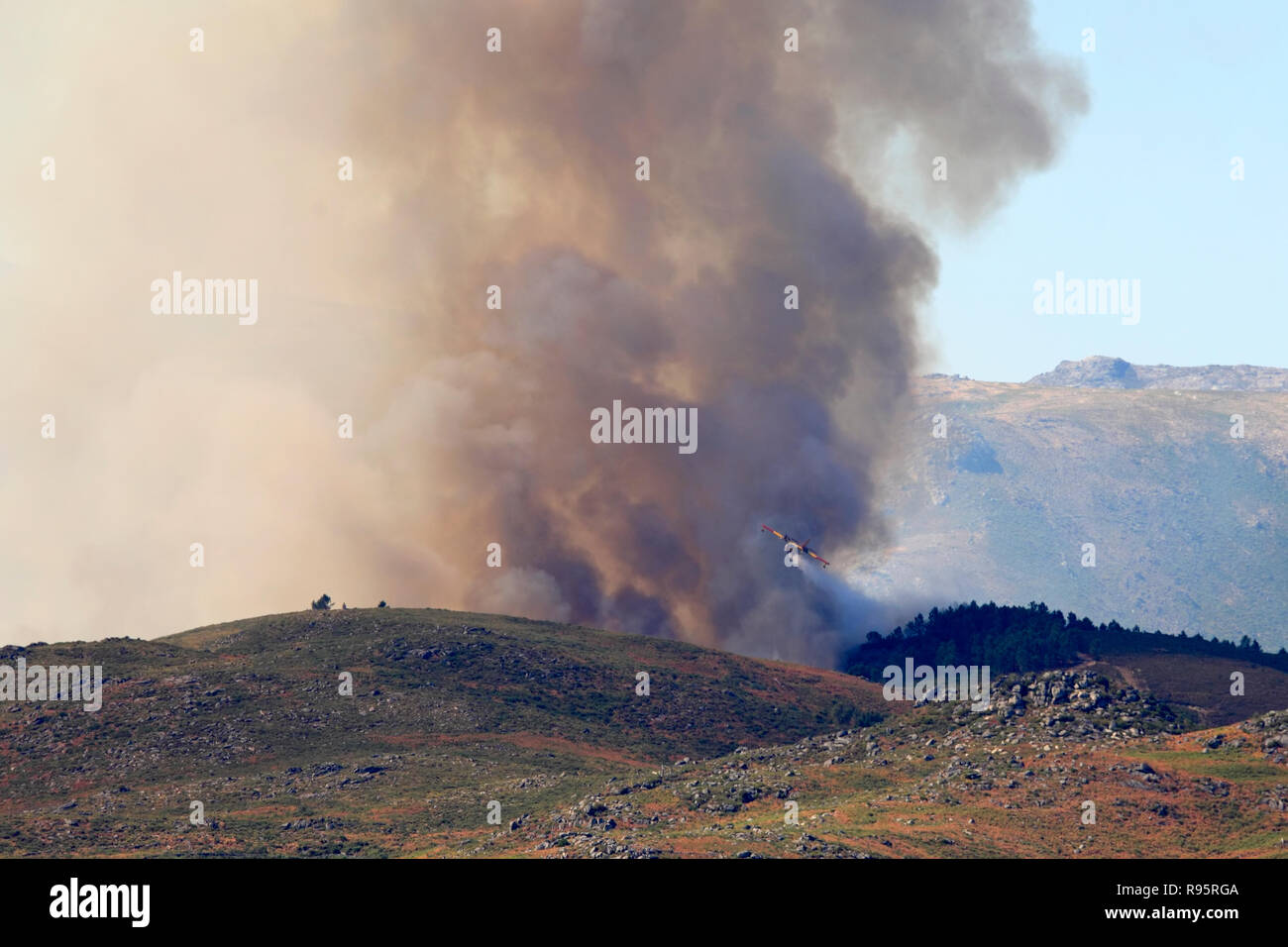 Big fire in the north of Portugal mountains seeing canadair plane in action Stock Photo
