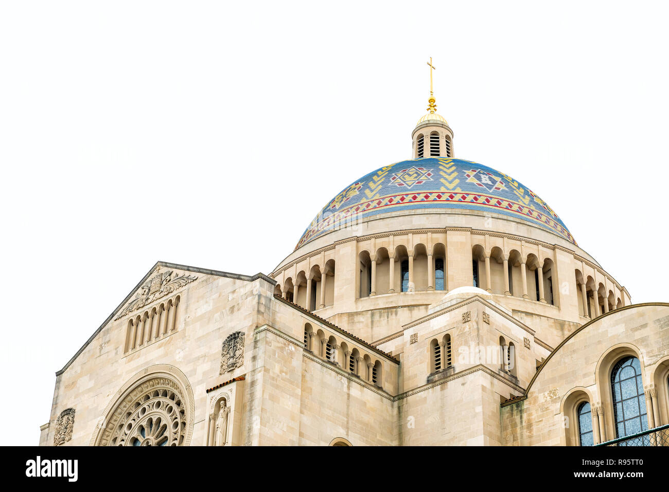 Washington DC, USA - April 1, 2018: Colorful tiled blue gold dome of Basilica of the National Shrine of the Immaculate Conception Catholic church buil Stock Photo