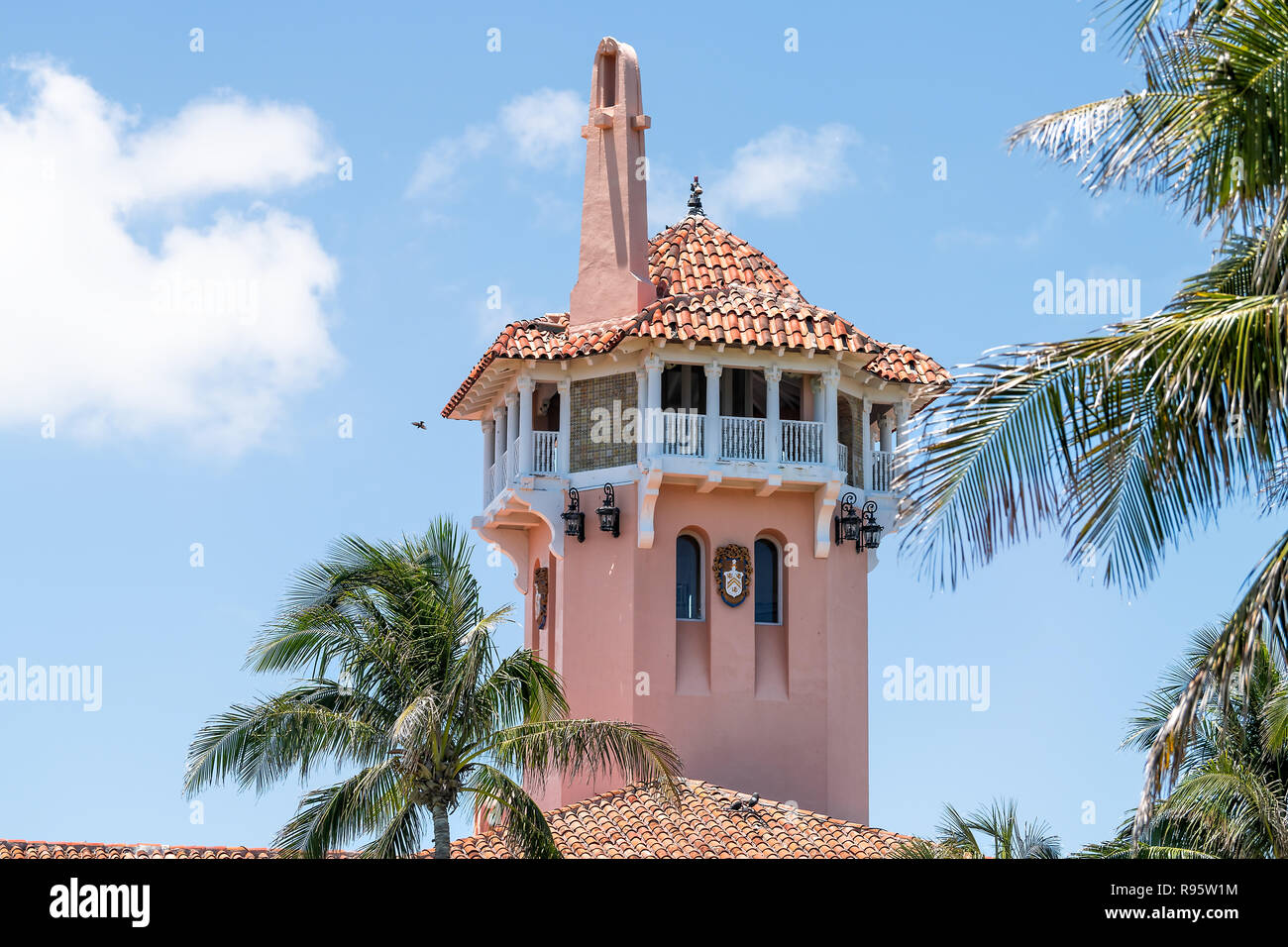 Palm Beach, USA - May 9, 2018: Mar-a-lago, mar a lago architecture, closeup of building tower, resort, presidential residence of Donald J Trump, ameri Stock Photo