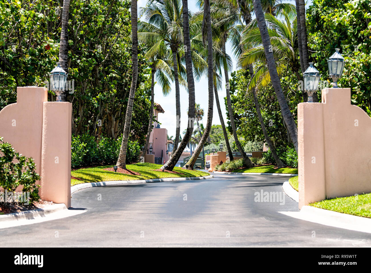 Palm Beach, USA - May 9, 2018: Mar-a-lago, presidential residence of Donald J Trump, American president in Florida with entrance gate, nobody at resor Stock Photo