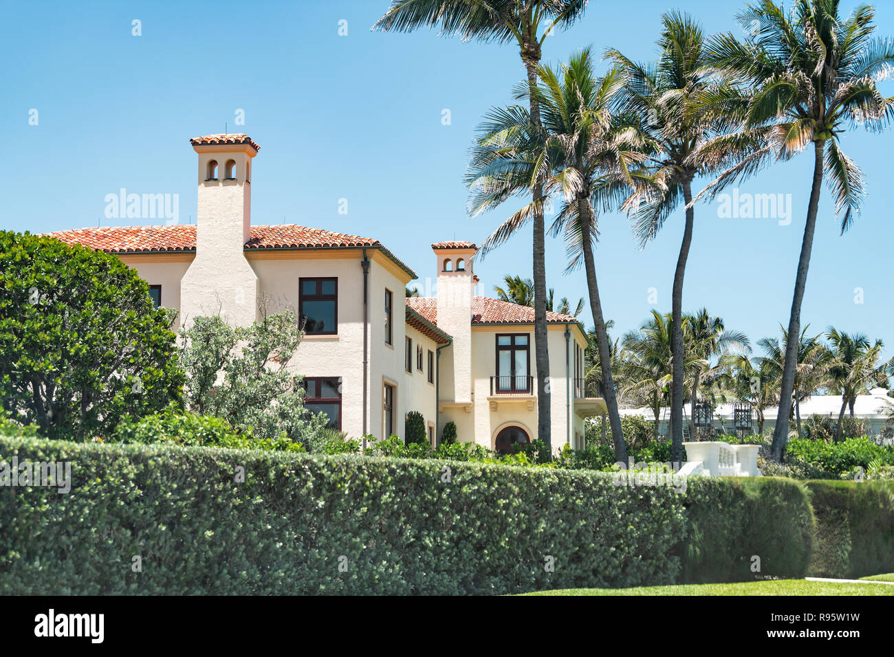 Palm Beach, USA - May 9, 2018: Mar-a-lago, presidential residence of Donald J Trump, American president in Florida with resort red tiled building with Stock Photo