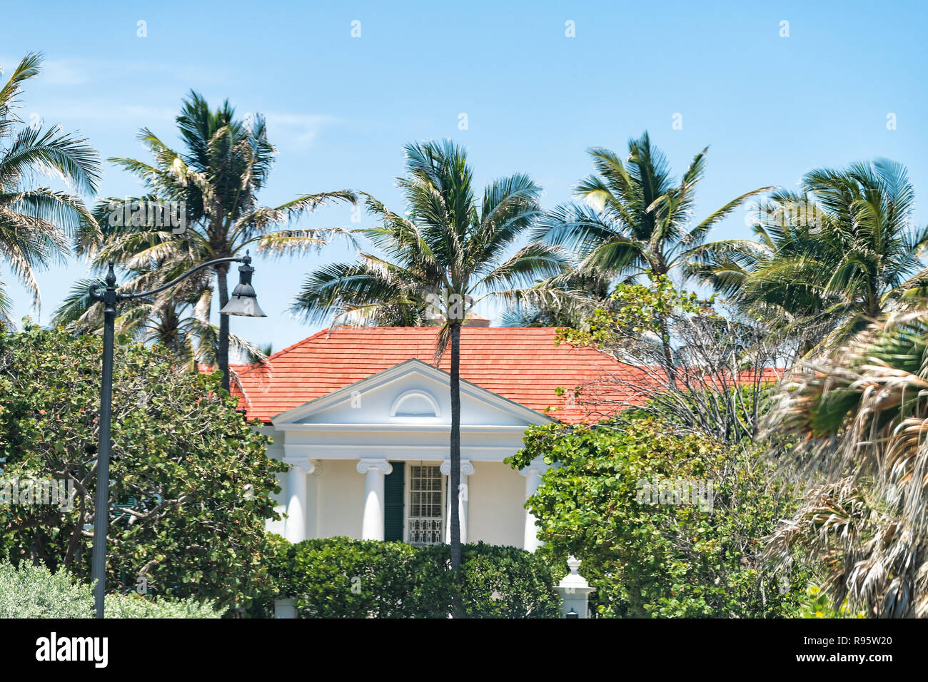 Palm Beach, USA - May 9, 2018: Mar-a-lago, mar a lago architecture, closeup of resort building, presidential residence of Donald J Trump, american pre Stock Photo