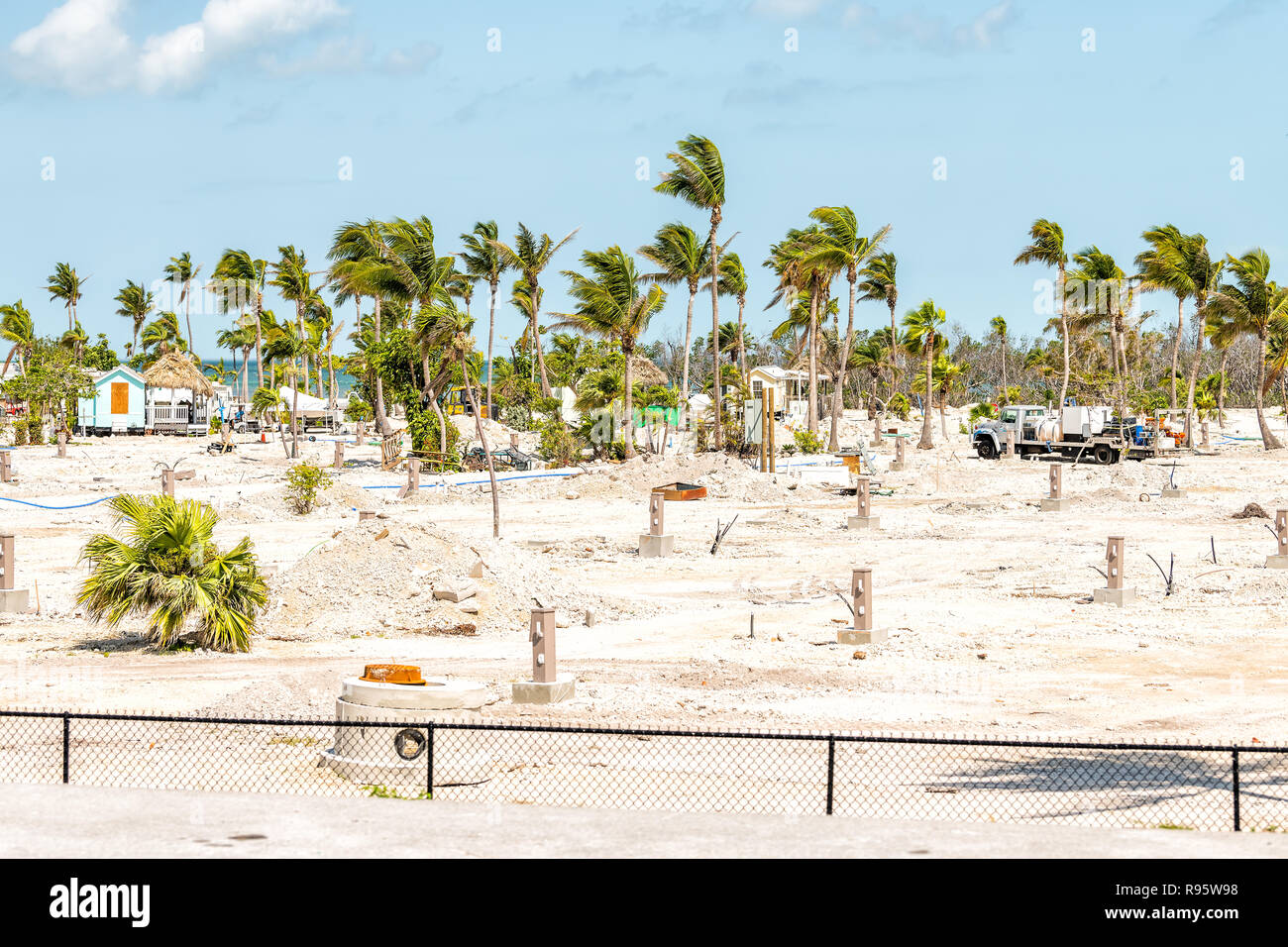 Bahia Honda State park, Florida key after, in aftermath of hurricane Irma, palm trees, gazebo, picnic area, closed for repair, construction work, sand Stock Photo