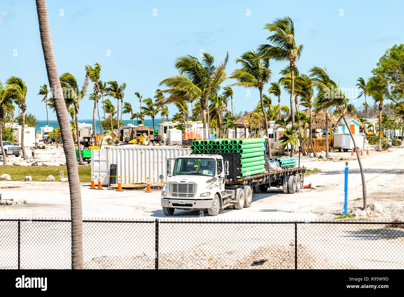 Bahia Honda Key, USA - May 1, 2018: View on state park in Florida key after, in aftermath of hurricane Irma, palm trees, closed for repair, constructi Stock Photo