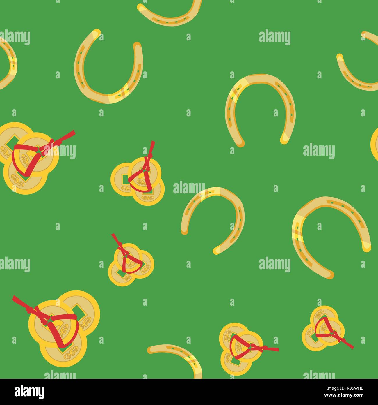 Seamless vector pattern with symbols of good luck: horseshoe and chinese coins on  green background. Amulets of good luck, happiness, wealth. For back Stock Vector