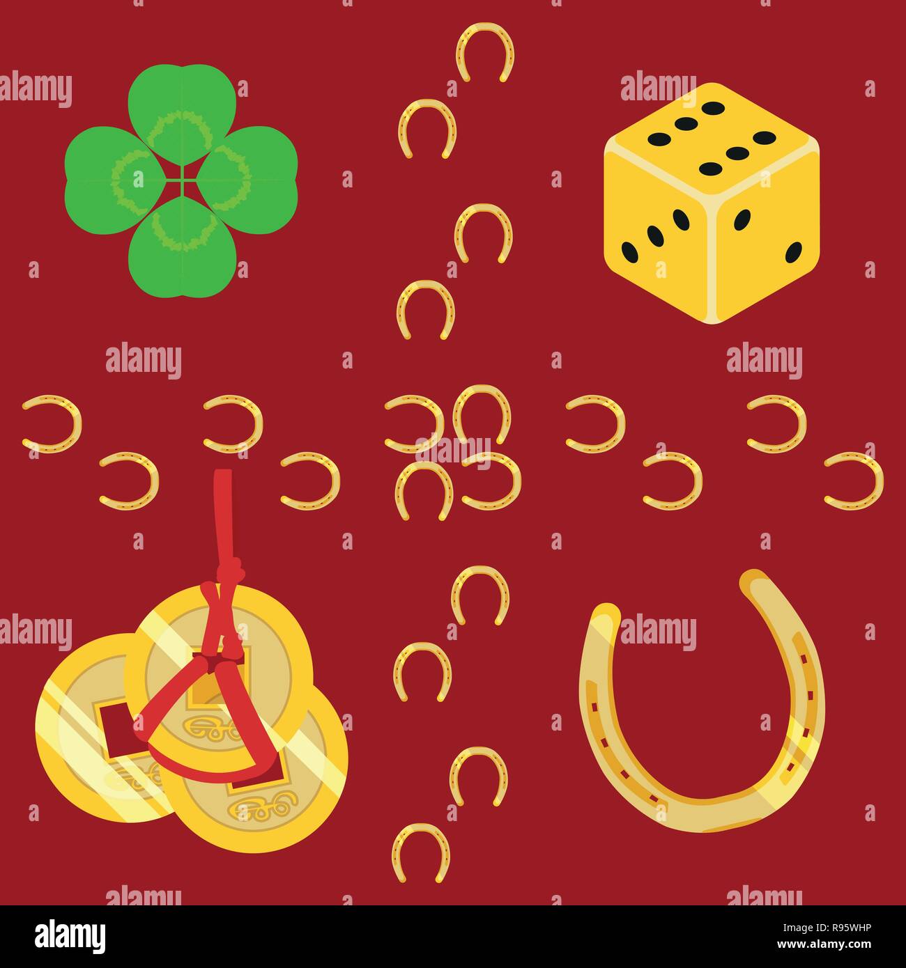 Luck symbols clover, hinese coins, dice and horseshoe. Vector seamless pattern or set of graphic design elements. Flat style objects. Stock Vector