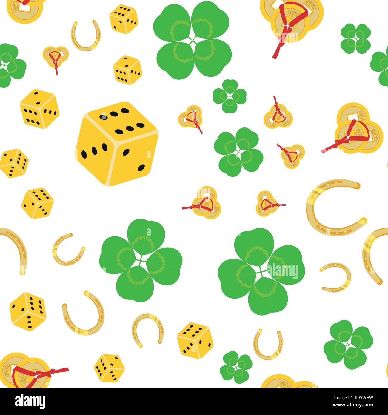 Seamless vector pattern with symbols of good luck: horseshoe, dice, four-leaf clover, chinese coins on white background. Traditional amulets of happin Stock Vector