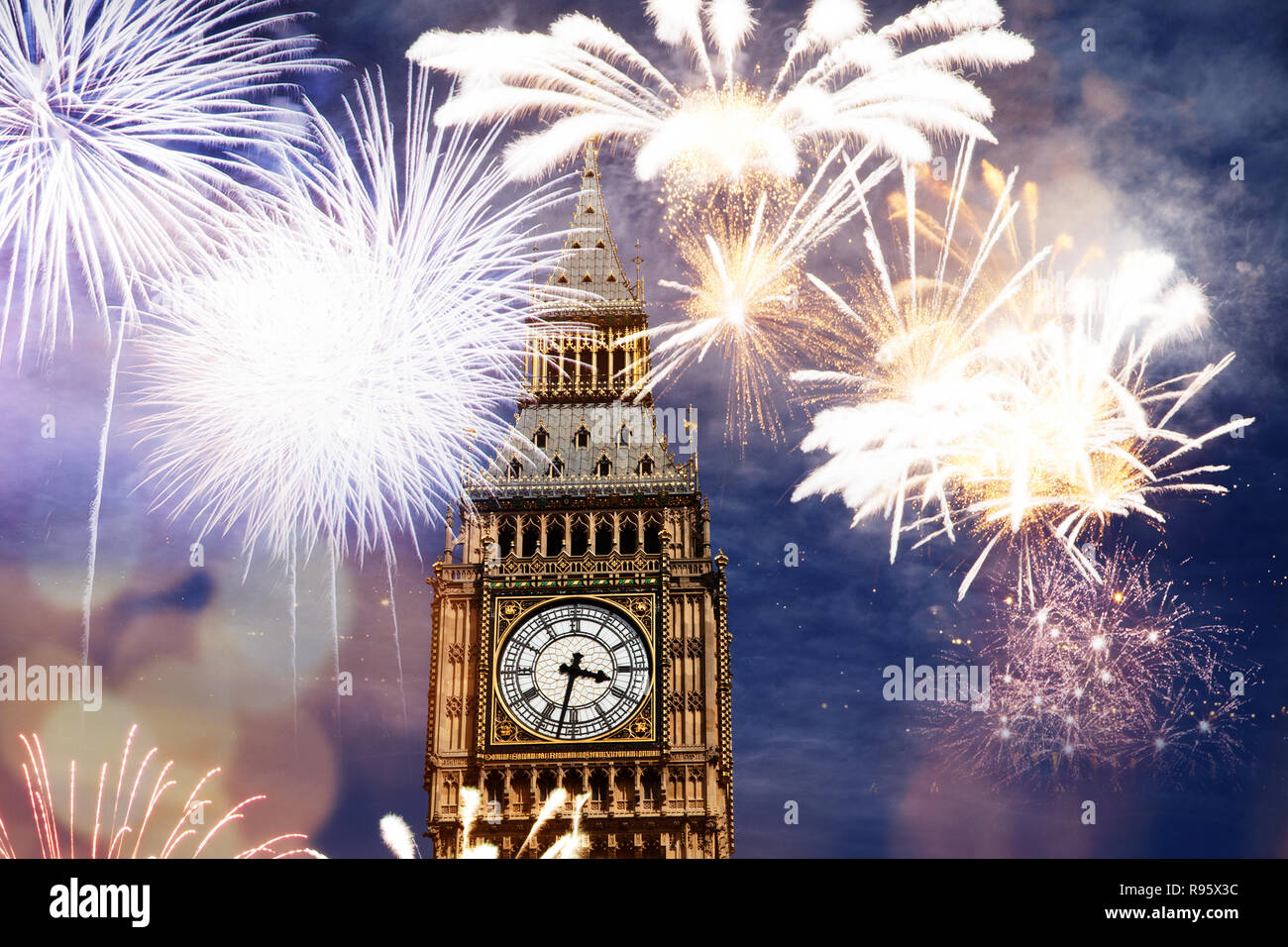 fireworks over Big Ben - new year celebrations in London, UK Stock Photo - Alamy