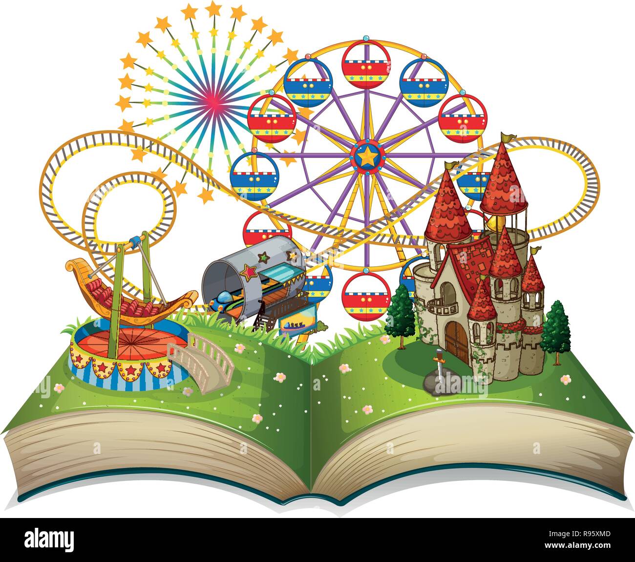 Open book funpark theme illustration Stock Vector