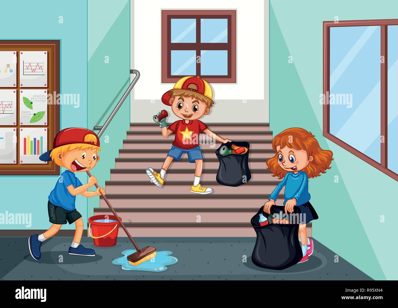 Children cleaning school hallway illustration Stock Vector