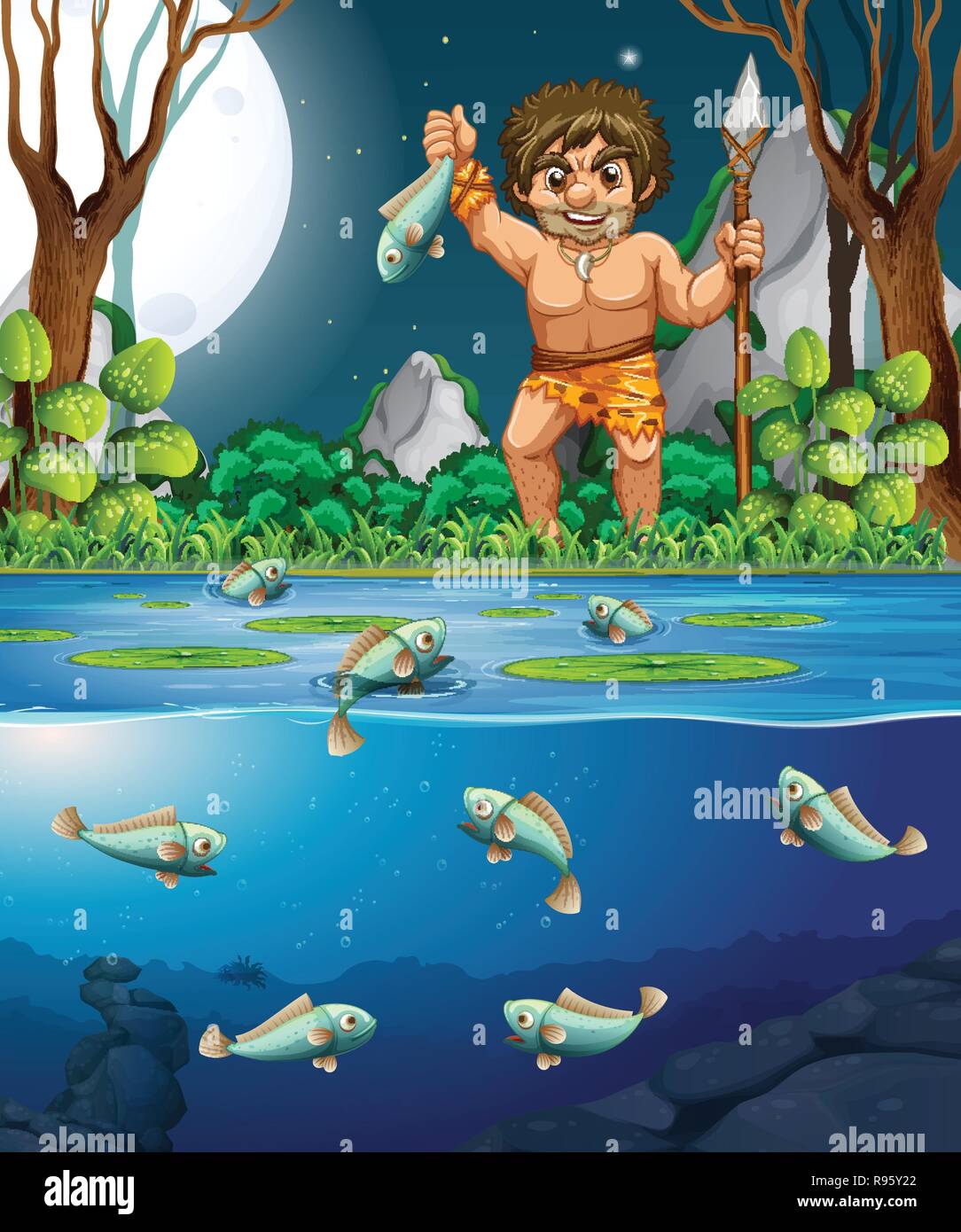 A caveman catching fish illustration Stock Vector