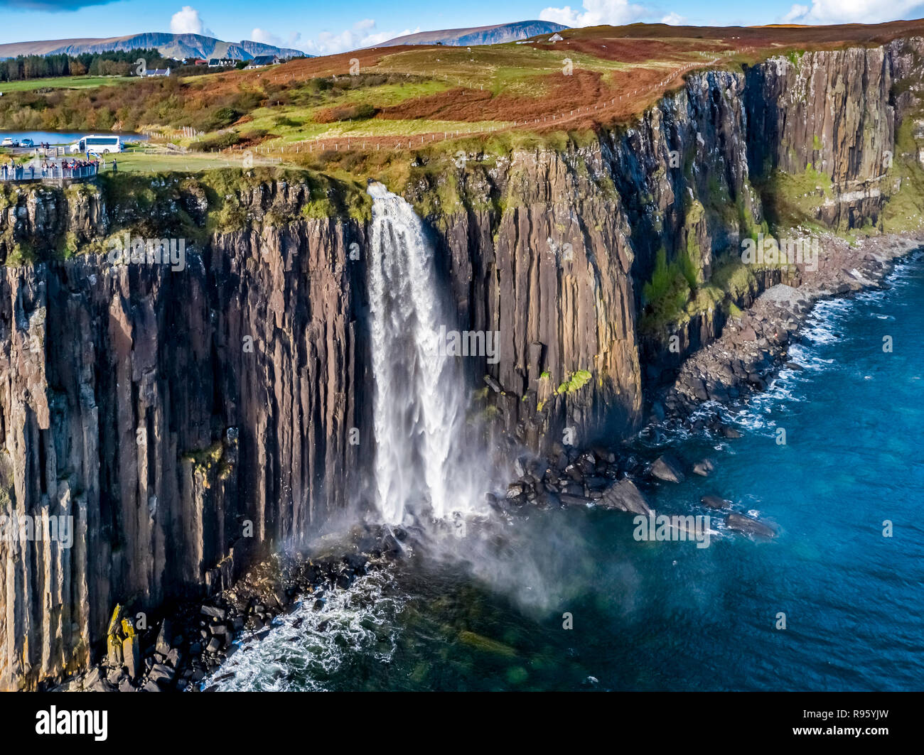 Aerial view of the dramatic coastline at the cliffs by Staffin with the ...