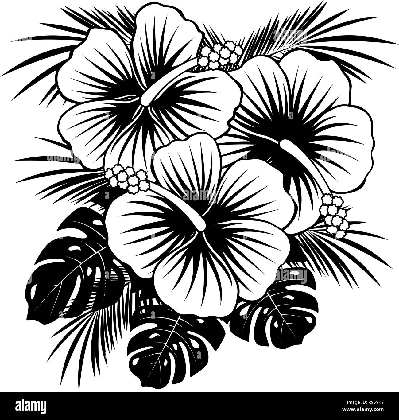 hibiscus flowers with tropical leaves in black and white Stock Vector