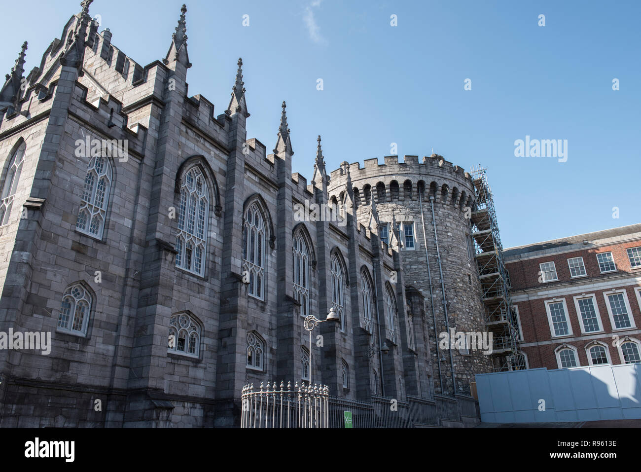 View of the side of Dublin Castle, which is one of the most famous buildings in Ireland. The architecture is Neoclassical and looks stunning. Clear bl Stock Photo