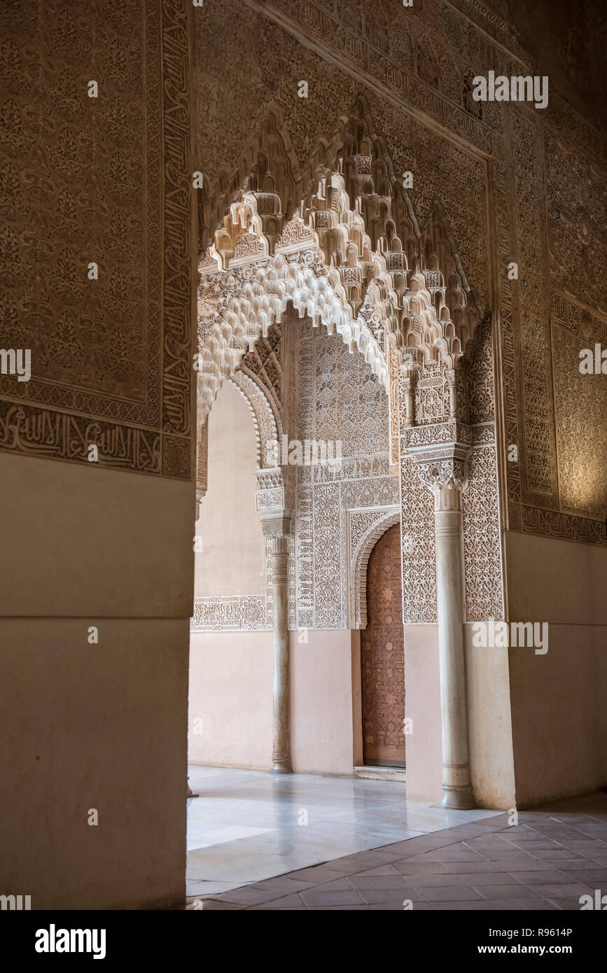 Closeup of a beautiful medieval time architecture seen inside Alhambra Palace. The architecture seems apalling and stunning with details. The design i Stock Photo