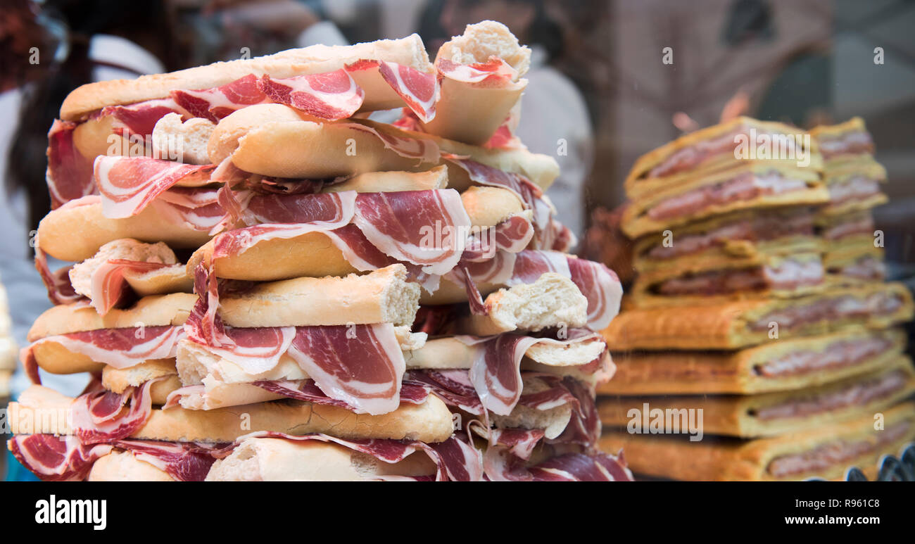 Image of very delicious and tasty local jamon cuisine seen being sold at a restaurant in Spain. The food seems to be very delicious and looks very fre Stock Photo
