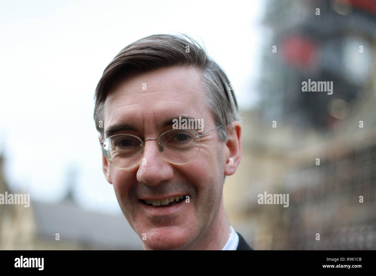 Jacob Rees-Mogg standing outside parliament, Westminster, London UK on 17th April 2018. Jacob gave his consent for these photographs to be taken. European research group. ERG. Stock Photo