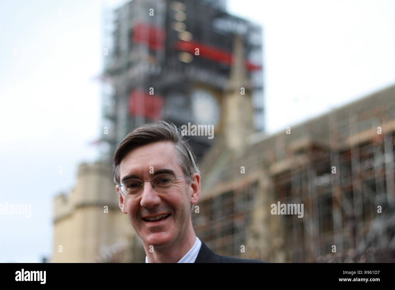 Jacob Rees-Mogg standing outside parliament, Westminster, London UK on 17th April 2018. Jacob gave his consent for these photographs to be taken. European research group. ERG. Russell Moore portfolio page. Stock Photo