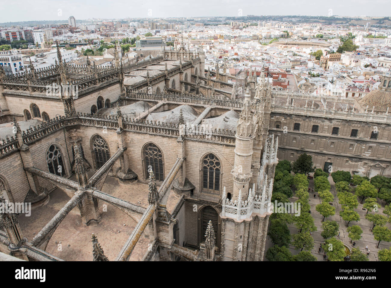 Image of Seville Cathedral is seen on this picture. Seville Cathedral is an old cathedral in Seville, Spain. It boasts of magnificient architecture da Stock Photo