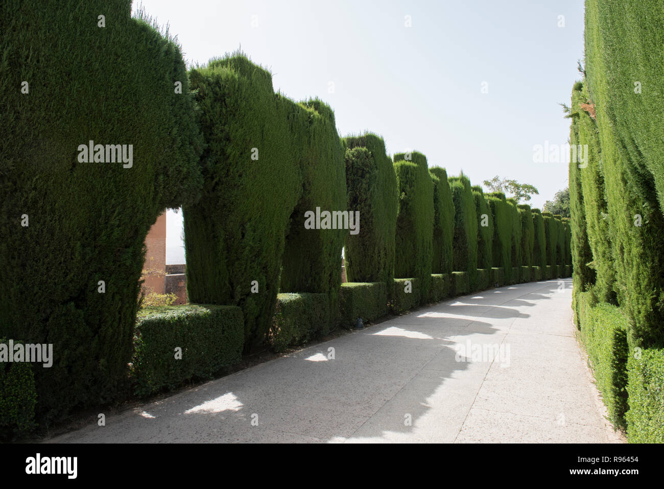 Beautiful lush green garden inside Alhambra Palace in Granada, Spain. The lush greenery looks amazing and is beautiful during the day. Alhambra Palace Stock Photo