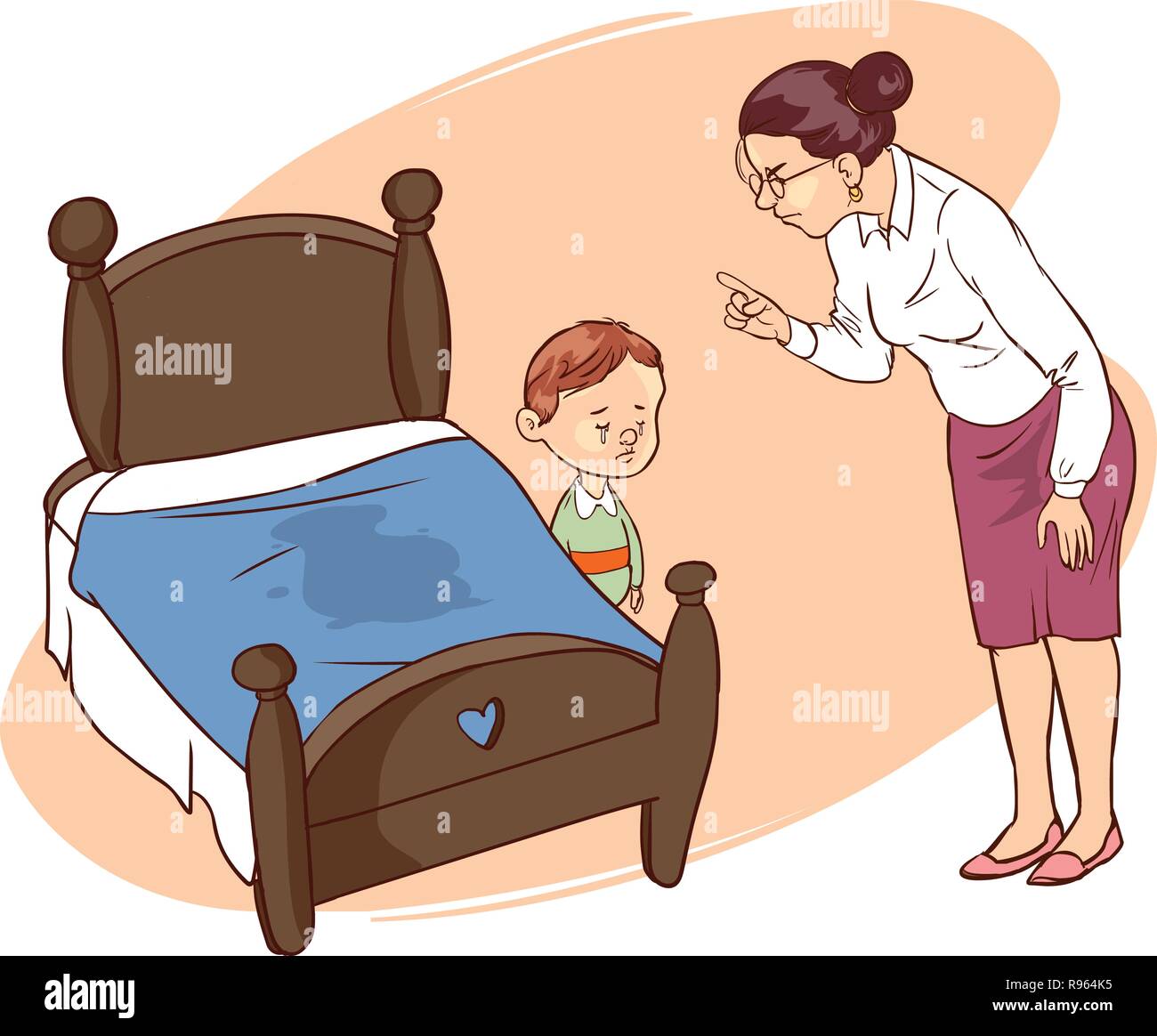 Hand drawn picture of young boy who has wet the bed. Stock Vector