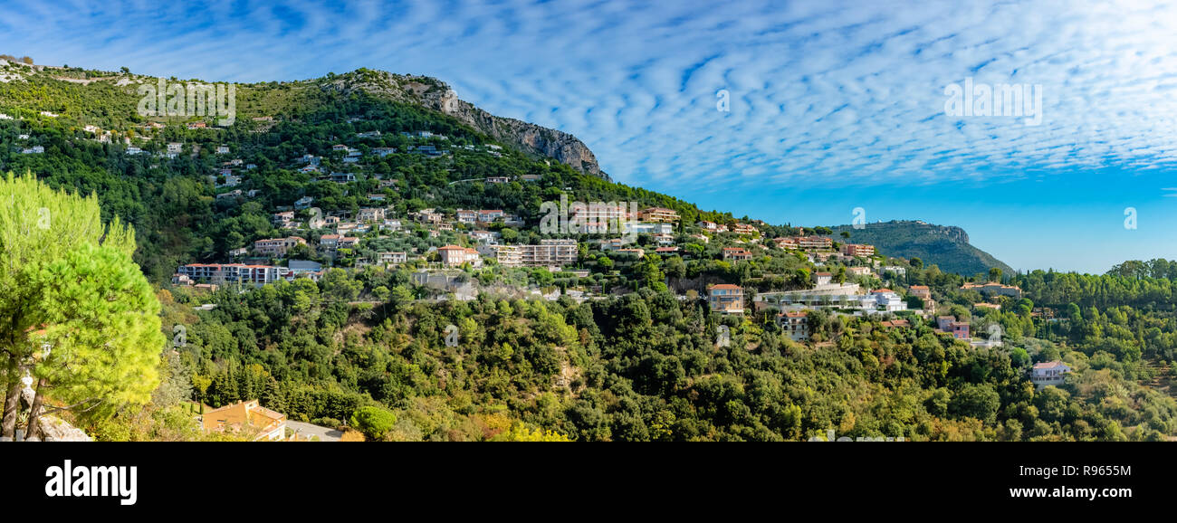 Townscape of Eze village, panoramic view over the historic house architecture on the hiil in botanical garden of France Stock Photo