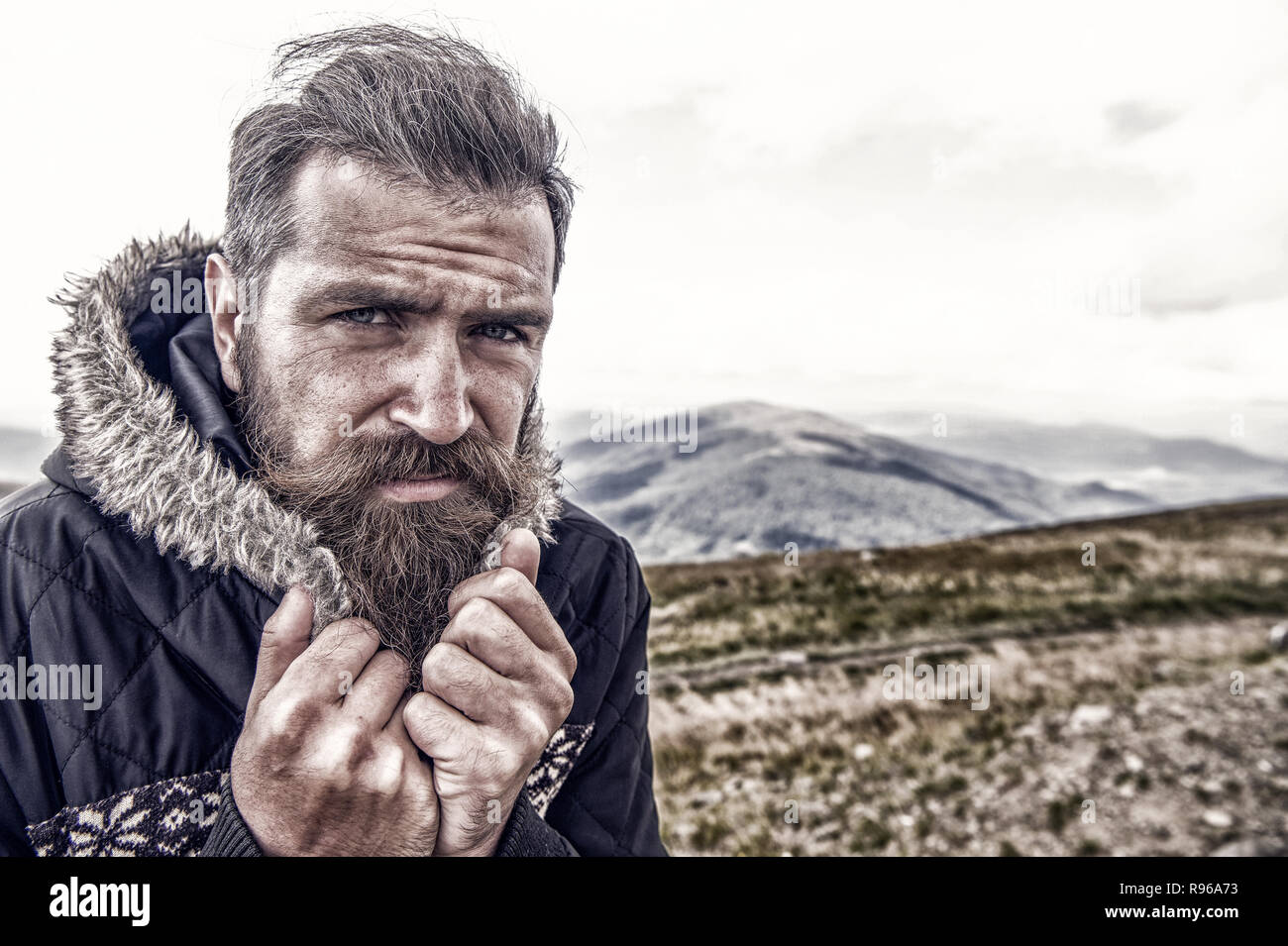 Man Cold Bearded Man Long Beard Brutal Caucasian Hipster With