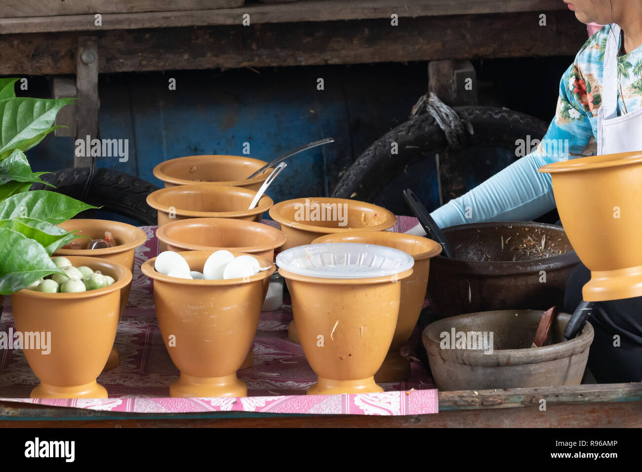 Floating market food preparation in bowls. Stock Photo