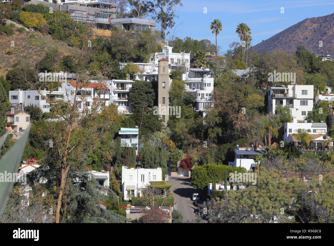 Hollywood, CA / USA - Dec. 19, 2018: In the center of the view, High Tower Elevator is shown among homes and duplex units it serves in Los Angeles. Stock Photo